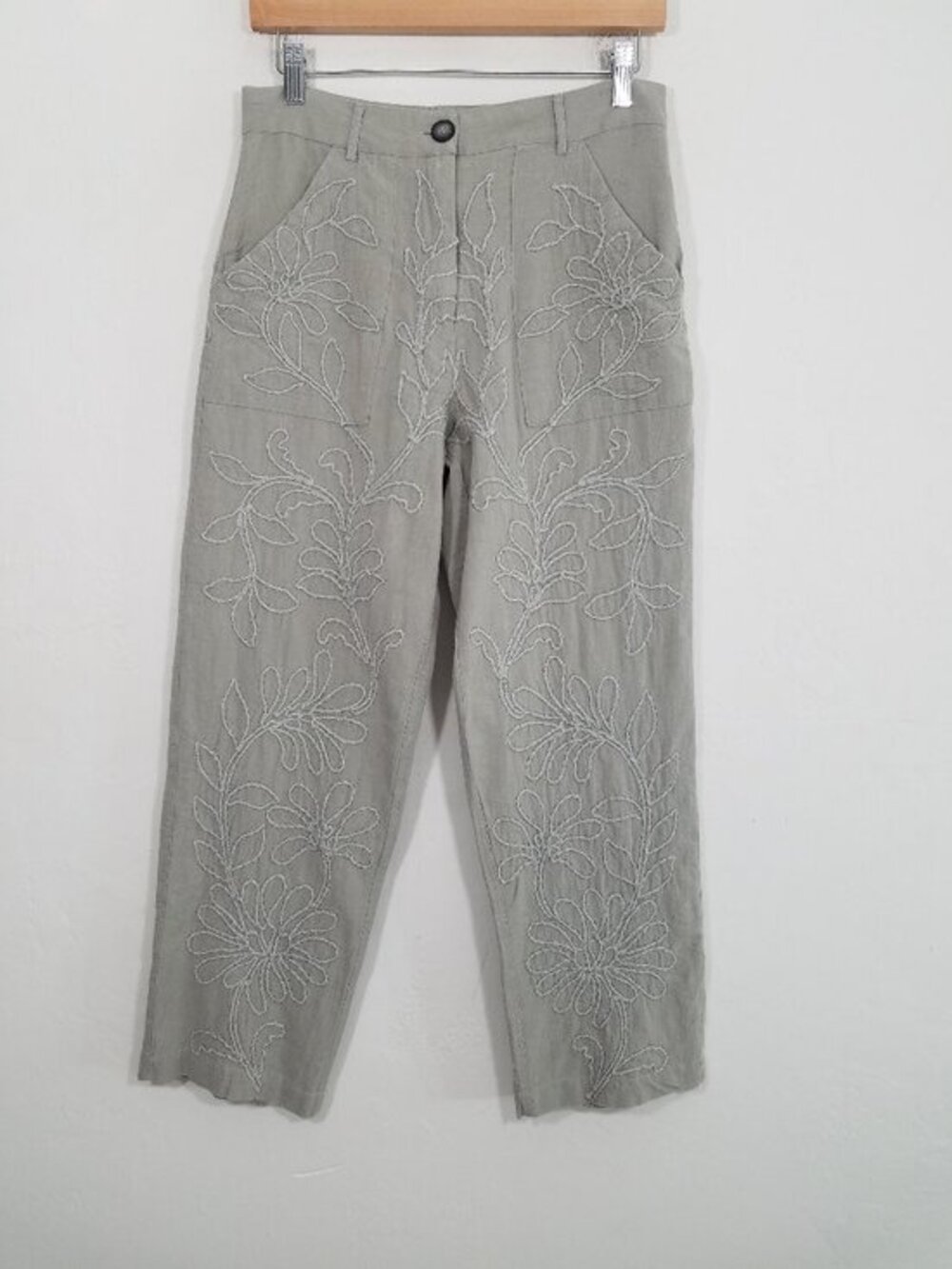 Zara Embroidered Floral Cotton High Waist Pant Green Size S